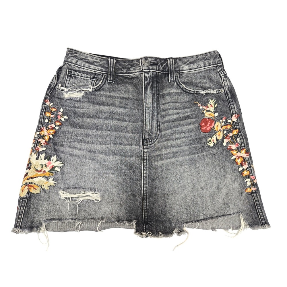 Y2K Abercrombie & Fitch Gray Distressed Floral Embroidered Denim Mini Skirt 29